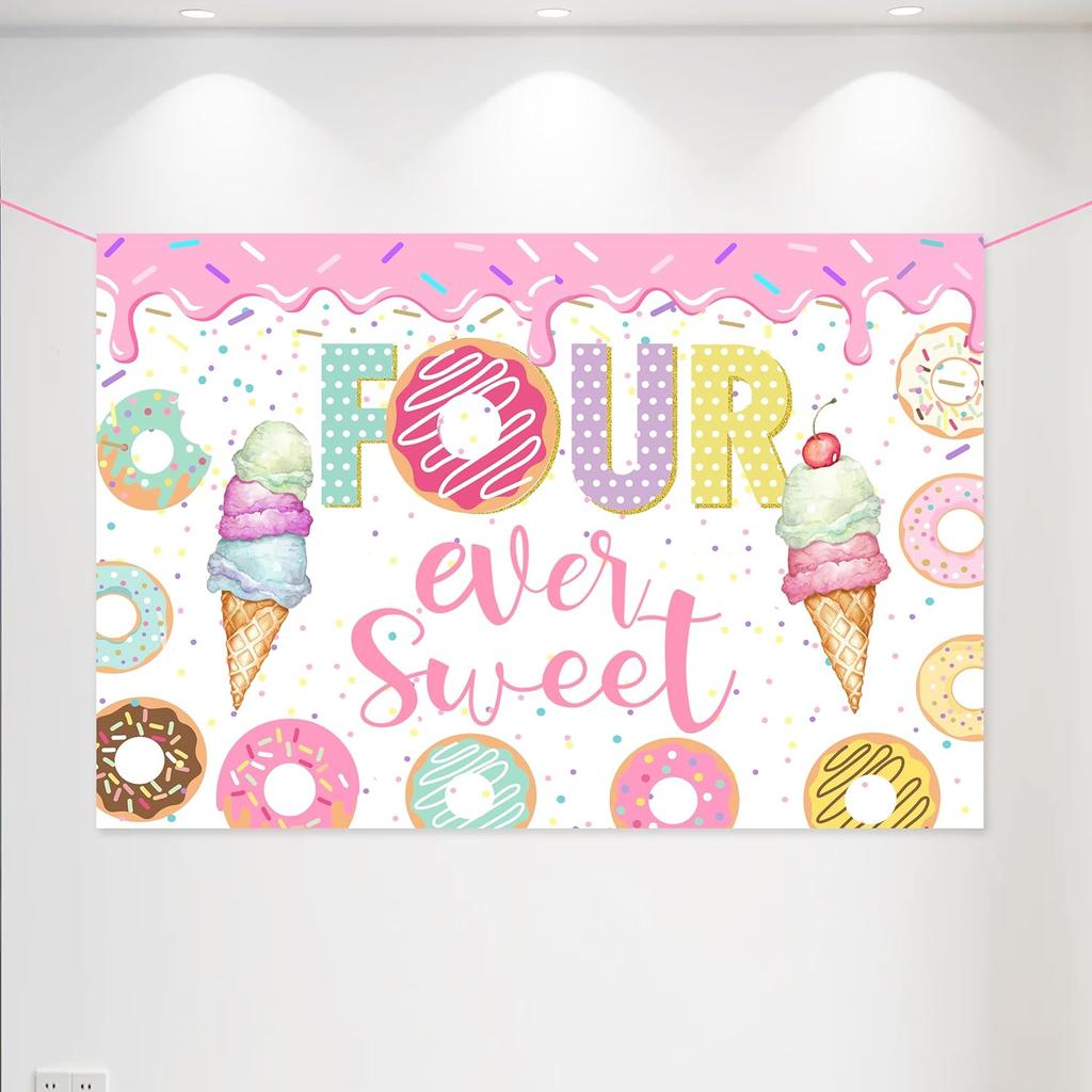 BEOXAGAR Donut 4th Birthday Party Banner, Pink, Standard Banner, Wall Mount, Celebrating Birthday, Indoor, Fruits Theme