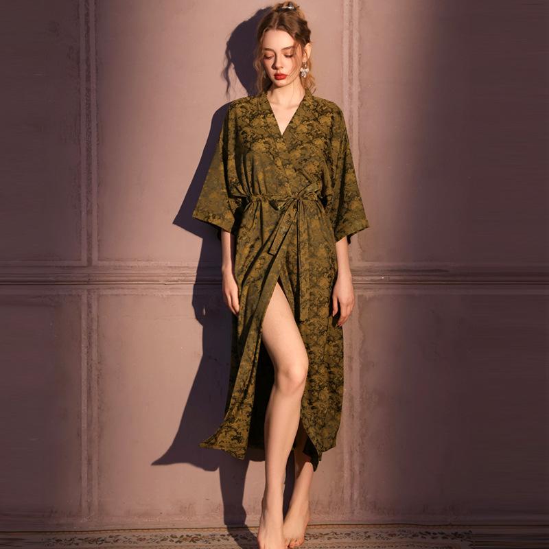 Vestaglia Jacquard da Donna Lusso Leggero: Accappatoio Lungo Primavera/Autunno, Raso di Seta Ghiacciata, Sensazione di Lusso, Accappatoio Singolo, Gonna da Bagno Pronta per l'Estate.