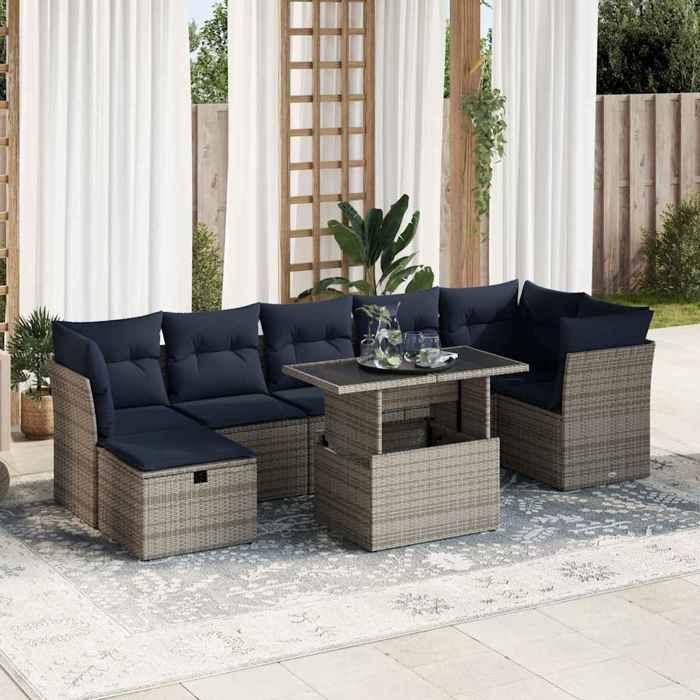VidaXL Salon de jardin 8pcs avec coussins gris résine tressée acacia, ensemble de canapés d'extérieur, salon de jardin, 3327791