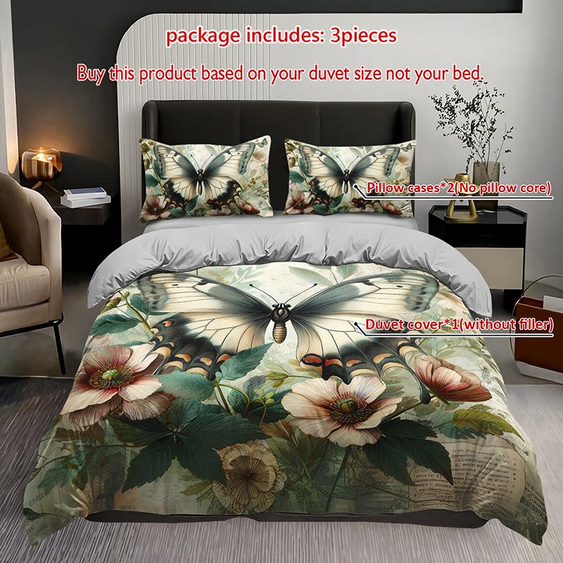 

3Pcs Elegant Butterfly Floral Bedding Duvet Cover Set Botanical Butterfly Bedding Quilt Set Vintage Butterfly Themed Bed Duvet Cover Set&EU Single(135x200cm)