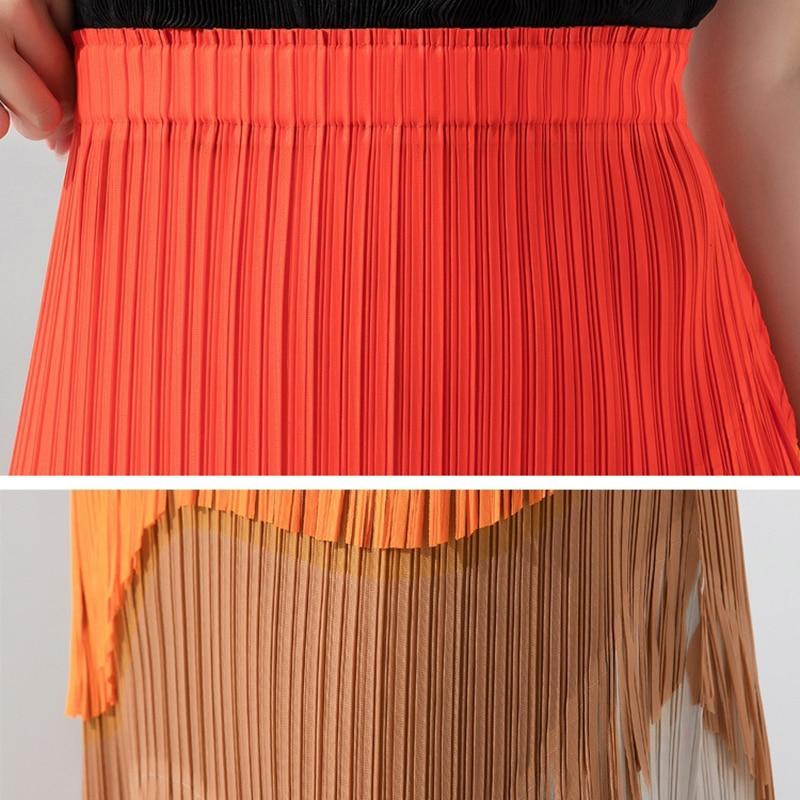 Qooth Women Fashion Tassel Splicing Split Hip Skirt Elegant High Waist Mid-length Pleated Pencil Skirt For Spring Summer QT2120