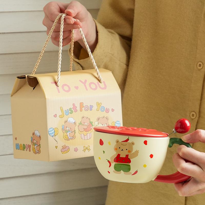 Cute And High-Value Bear Ceramic Cup With Lid And Spoon, Home Office Couple Water Cup Girl Gift