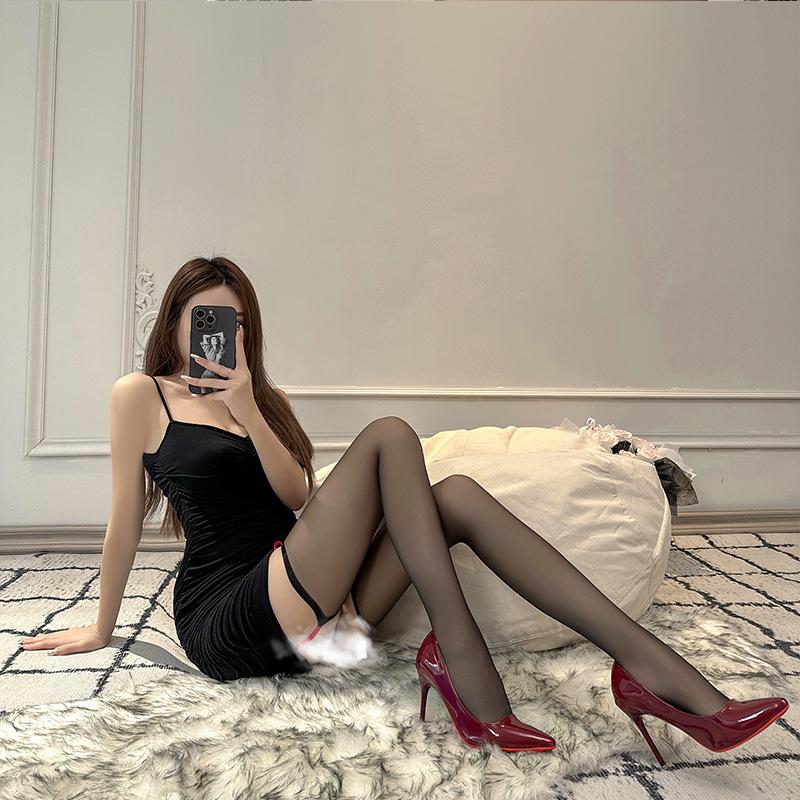 Fun Contrasting Color Red Edge Long Tube Open Stockings Sexy Over the Knee Beautiful Legs Temptation Dancing Suspender Integrated Socks Women