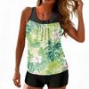 Women’s Sleeveless Tankini Top with Shorts Two Piece Bathing Suit Featuring Tropical Floral Print and Mesh Neckline Design