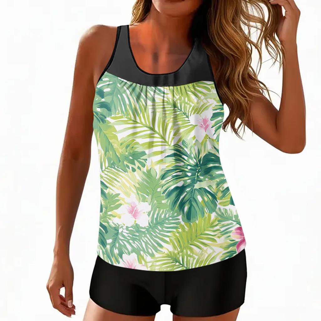 Women’s Sleeveless Tankini Top with Shorts Two Piece Bathing Suit Featuring Tropical Floral Print and Mesh Neckline Design