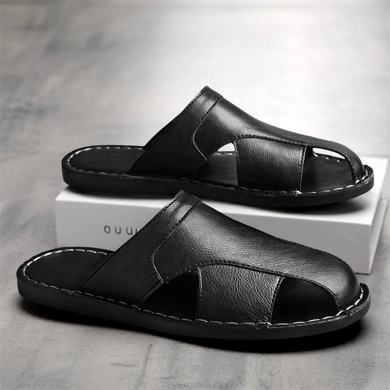 Men Slippers Handmade Simple Flats Brown Leather Sandals Black Summer Roman Sandals Closed Toe Beach Shoes Plus Size