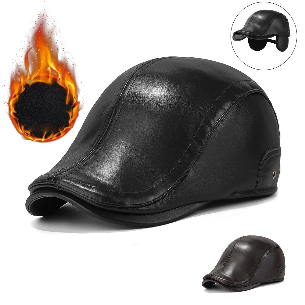 Winter Middle-Aged and Old Men's PU Forward Cap Velvet Ear Protection Cap Outdoor Warm Dad Cap
