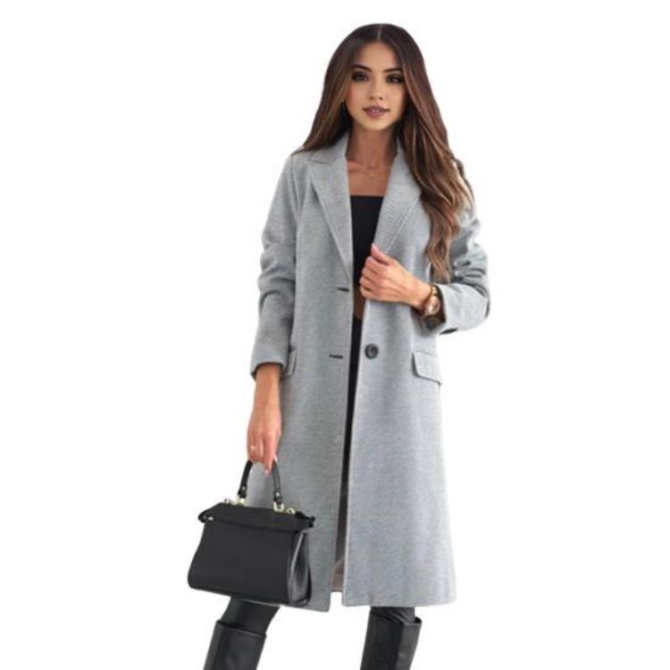 

Thermal Woolen Jacket for Women Mid Length Overcoat Turn Down Collar Long Sleeved Single Breasted Solid Color Commuting Dating Spring Fall Winter Coat XXL сірий