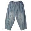 Plus Size Retro Embroidered Harem Denim Cropped Pants for Women - Casual Autumn Elastic Fit