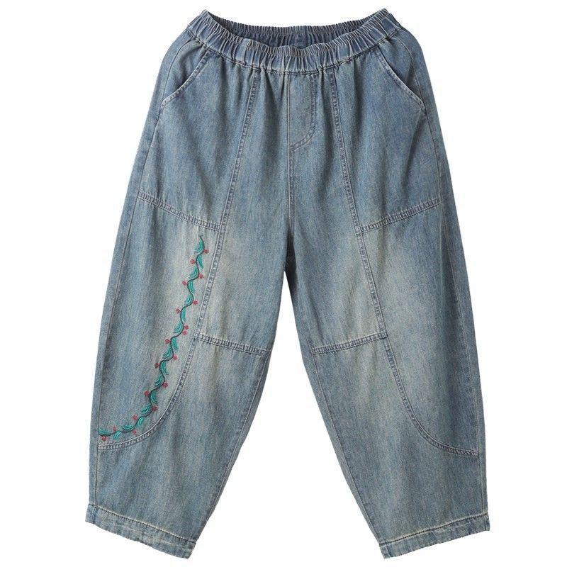 Plus Size Retro Embroidered Harem Denim Cropped Pants for Women - Casual Autumn Elastic Fit