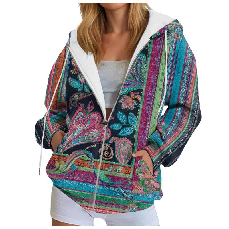 Vintage Printing Oversized Women'S Cardigan Hoodies Jacket Trendy Stylish Hooded Sweatshirt With Pockets Casual Zipper Hoodie