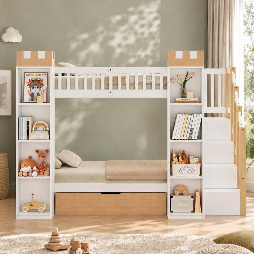 Bunk bed, loft bed, children's bed, wooden bed 90x200cm with drawer, fall protection and storage staircase, castle-shaped storage, white+natural color