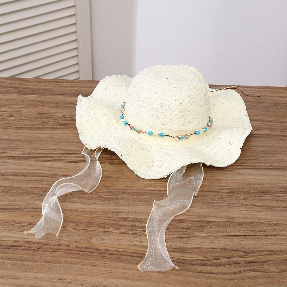 

Breathable Big Brimmed Straw Hat with Turquoise Woven Sun Cap Vacation Beach Cap Carnival білий