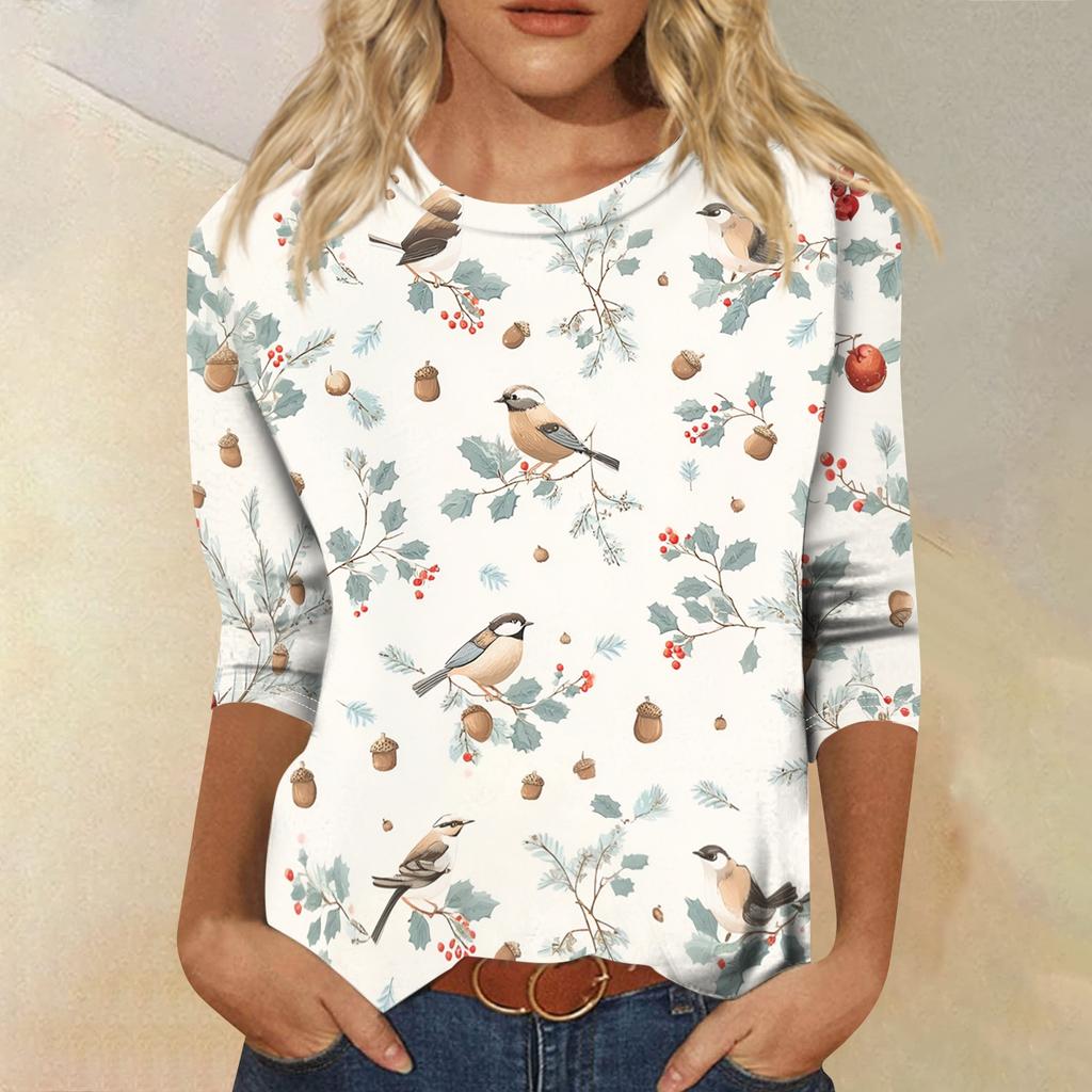 Women's Casual Round Neck Three Quarter Sleeve T Shirt Autumn Print Lightweight Soft Fabric Comfortable Fit Relaxed Style