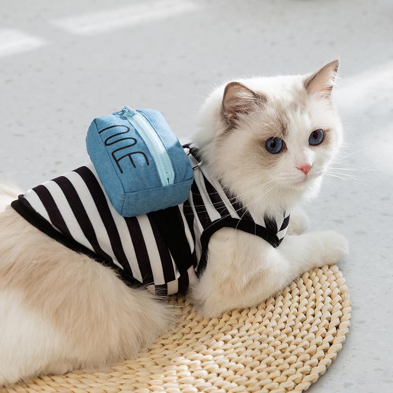 Cute Cat Clothes Three-dimensional Backpack Striped Traction Puppies Kittens Two Feet Spring and Summer Breathable Pet Cat Vest