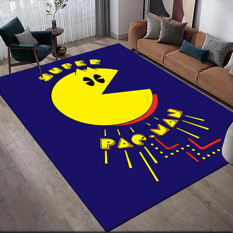Pac‑Man Cartoon Flannel Printed Carpet, Home Sofa Decoration for Living Room & Bedroom, Non‑Slip Play Flannel Floor Mat for Game Room
