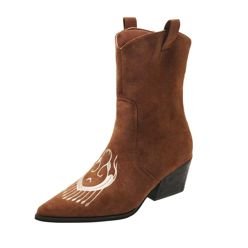 Fashion Vintage Design Pointed Toe Women Western Cowboy Boots Fashion Festival Thick Heel Female Short Booties