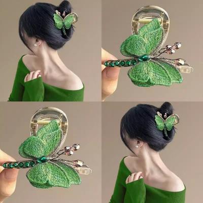 Hair Claw Retro Style Embroidery Butterfly Decor Hair Clip Anti-slip Teeth Strong Grip Back Head Hair Organizer Clip