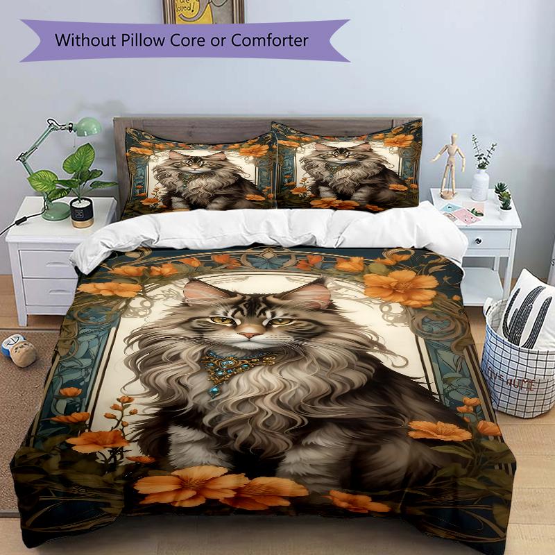 3Pcs Maine Coon Cat Portrait Bedding Set Soft Fabric Duvet Cover Pillowcases Home Christmas Xmas Halloween Gift 1 Duvet Cover 2 Pillowcase G1242