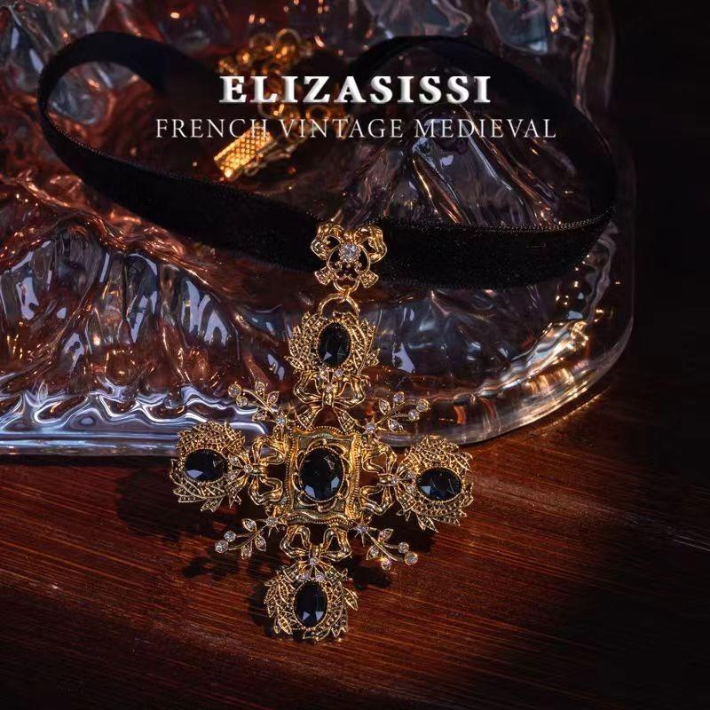 Court Retro Cross Inlaid with Rhinestone European and American Fashion Necklace