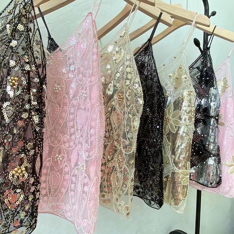Niche Summer Women's Sequin Beaded Slimming V-Neck Camisole Vest - Elegant and Sexy Style