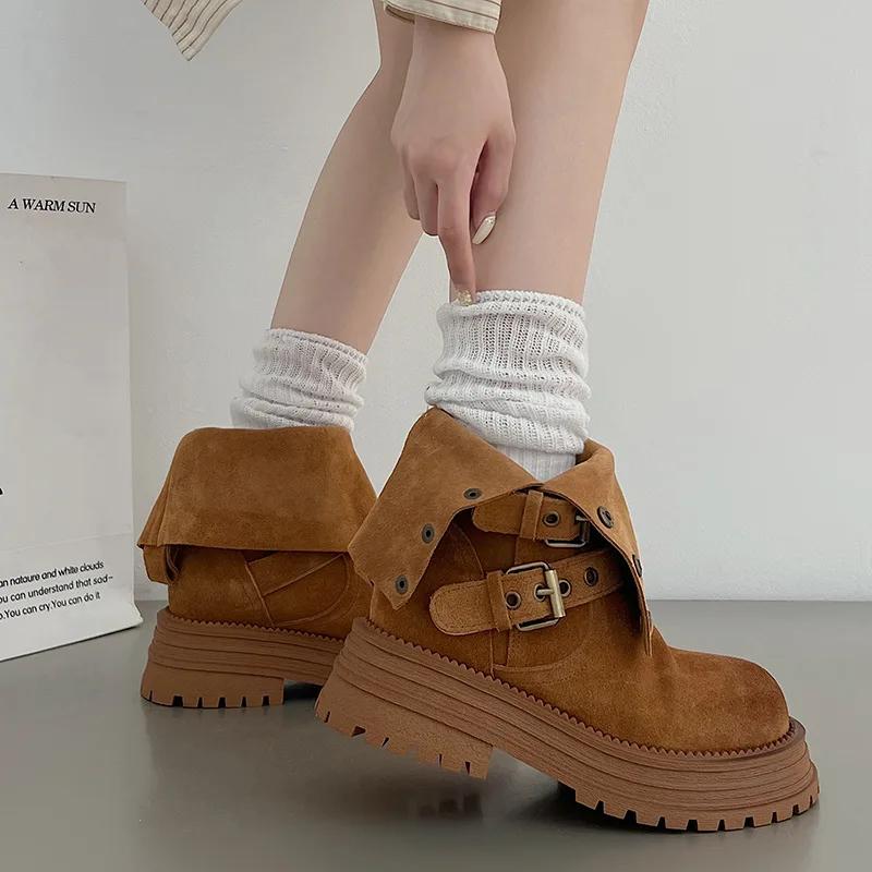 Brown Retro Medium Short Botas Women British Knight Boots Fashion Belt Buckle Western Cowboy Boot Platform Versatile Women Shoes