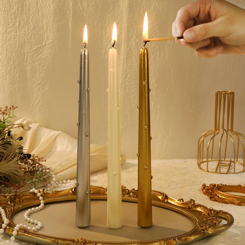 European Electroplated Color Pearl Long Pole Candle for Home Use Without Wedding Candlelight Dinner Candlestick Pole Wax