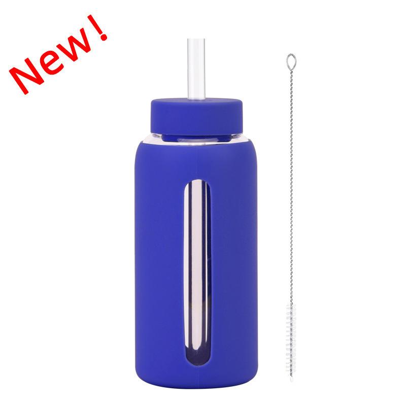 Szklany Silikonowy Pokrowiec Skala Czasowa Kubek na Wodę ze Słomką 800 ml Duża Pojemność Przenośny Kubek Outdoorowy