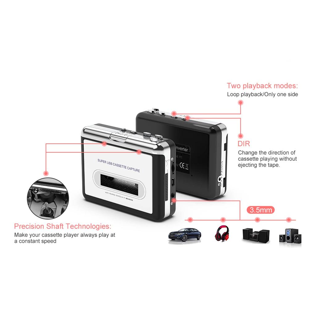 Acogedor Portable Cassette Converts Cassette Tapes To MP3 Via 2 X AA or USB Cassette Tape Player for PC Player, USB, Power, Laptops,