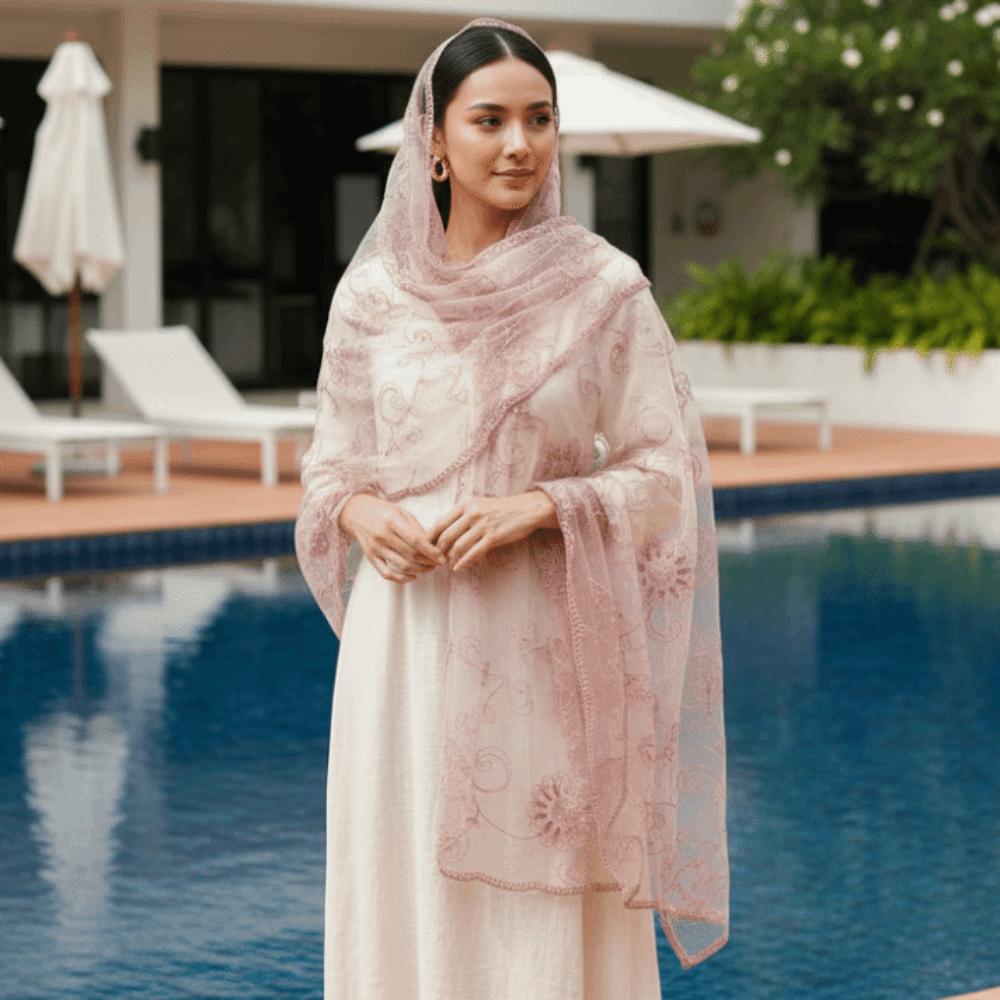 Lace Scarf Embroidered Floral Headwrap Breathable Translucent Mesh Stole Skin-Friendly Scalloped Sheer Shawl Travel Photoshoot