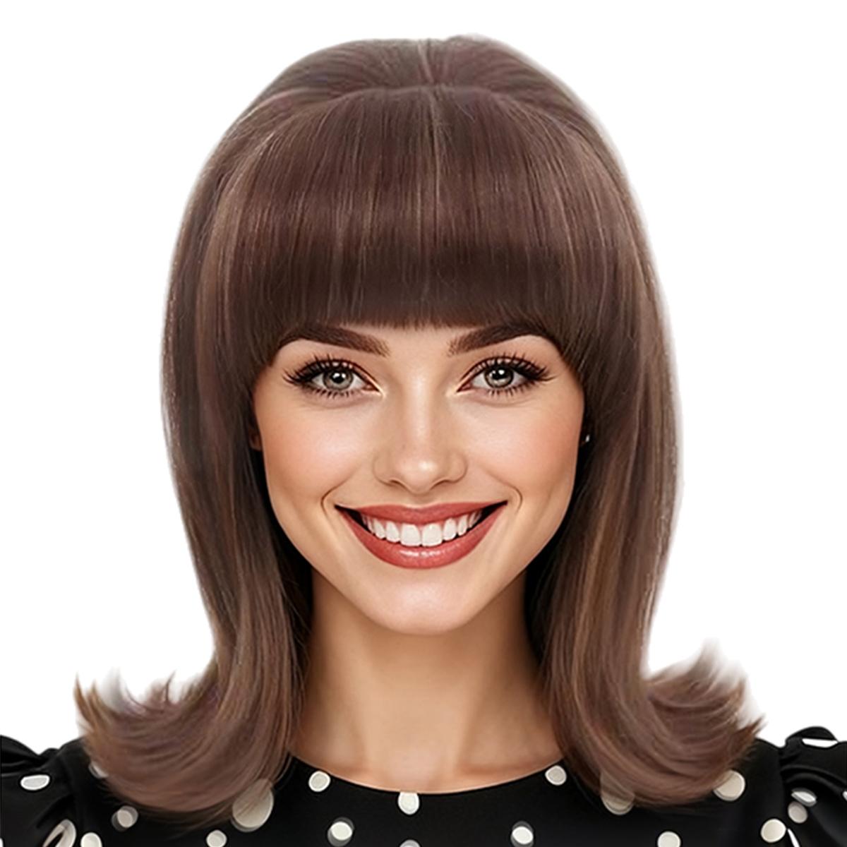 

Mid-Length Bob with Full Bangs, Brown Hair Subtle Highlights, Retro Elegant Women s Daily & Cosplay Synthetic Wig