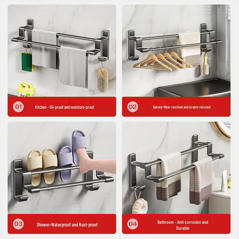No-Drill Space Aluminum Double Bar Towel Rack - 70cm