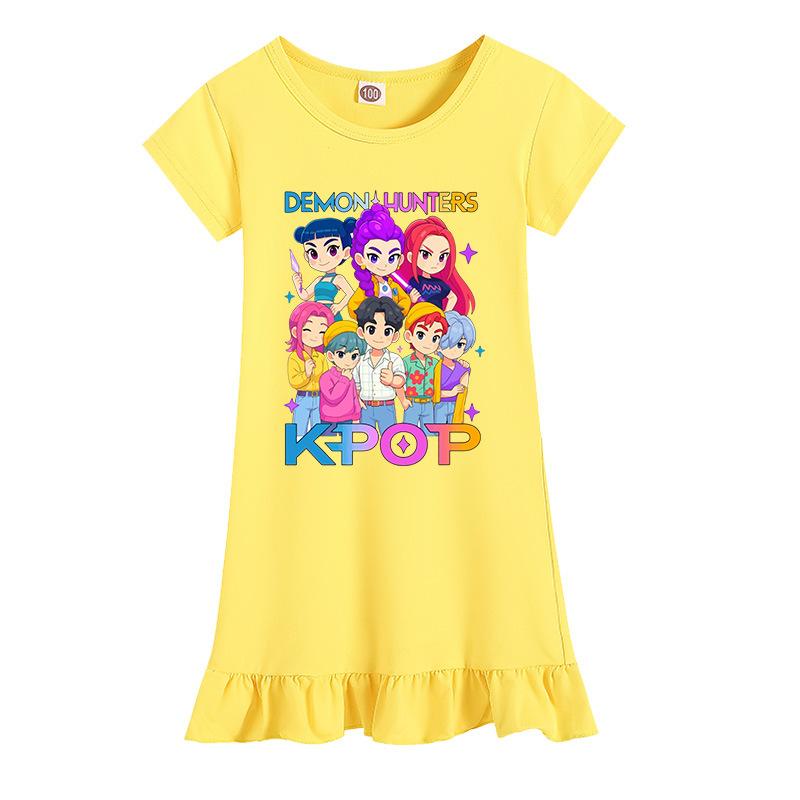 K-POP Demon Hunters Print Girls Dress Kids Short Sleeve Ruffle Hem Nightdress Casual Sleepwear Toddler Girls Summer Loungewear Children Clothing