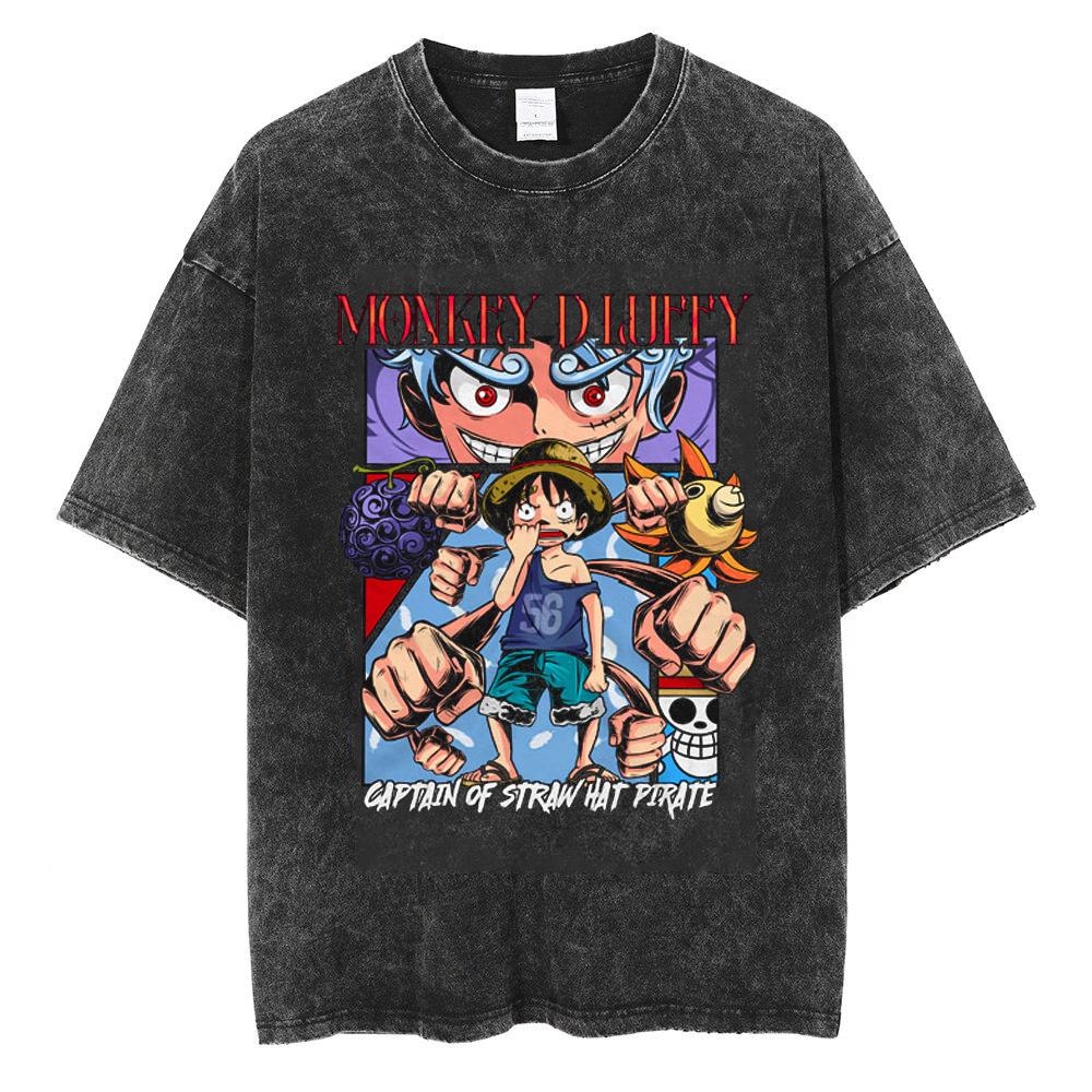 Men Loose Hip Hop Vintage TShirt Cotton Casual Washed Black Harajuku Tshirt One Piece Anime Graphic Oversized Tops Tees