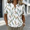 Damen Kurzarm Baumwoll-Leinen Hemd Henley Knopfleiste Freizeit Lockerer Schnitt Bedruckte Bluse Bequem Leicht Sommer Top