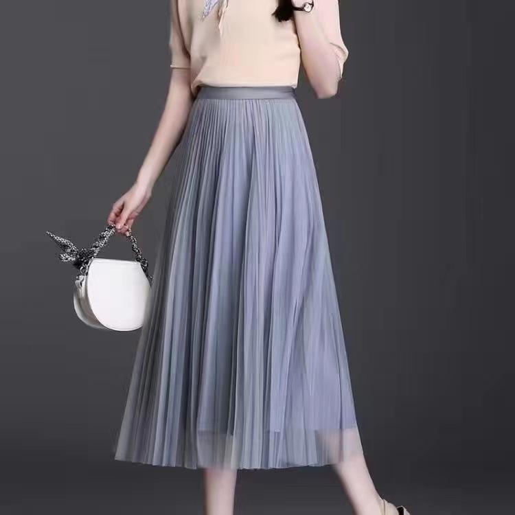 Qooth Summer Autumn Tulle Calf Length Pleated Skirts Simple Casual Slimming A Line Skirt for Women QT2586