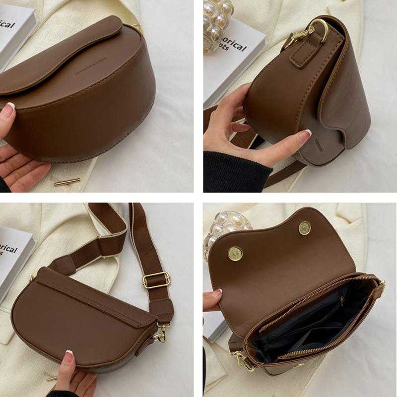 Women Vintage PU Leather Solid Color Flap Small Saddle Shoulder Underarm Bag Fashion Wide Strap Flap Design Crossbody Bag
