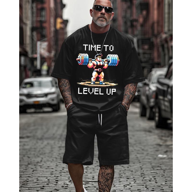 S-9XL Plus Size Men s Streetwear 2 Piece Outfit, Level Up Rooster Alpha Graphic Print Short Sleeve T-Shirt and Shorts Set S