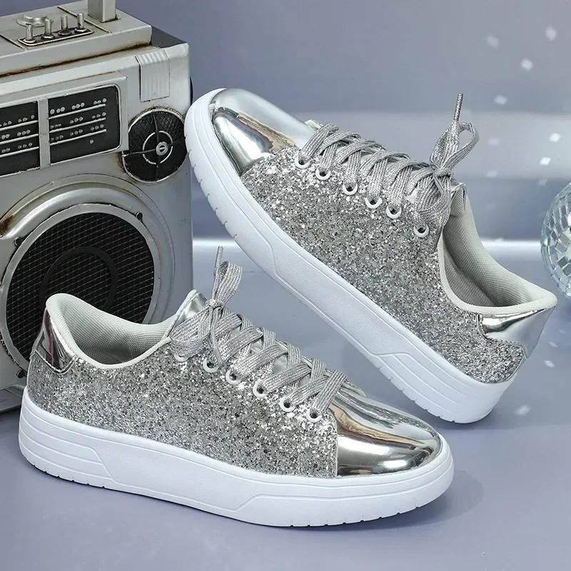 Fashion Women's Sequins Sneakers Fashion Korean Style Lace Up Flat Shoes Thick Anti-slip Couple Shoes Casual Trainers Chaussure Femmes