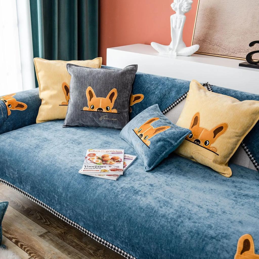 Modern Solid Color Sofa Cover Cartoon Dogs Nordic Chenille Solid Color Sofa Towel Universal Non-Slip Couch Cover For Living Room