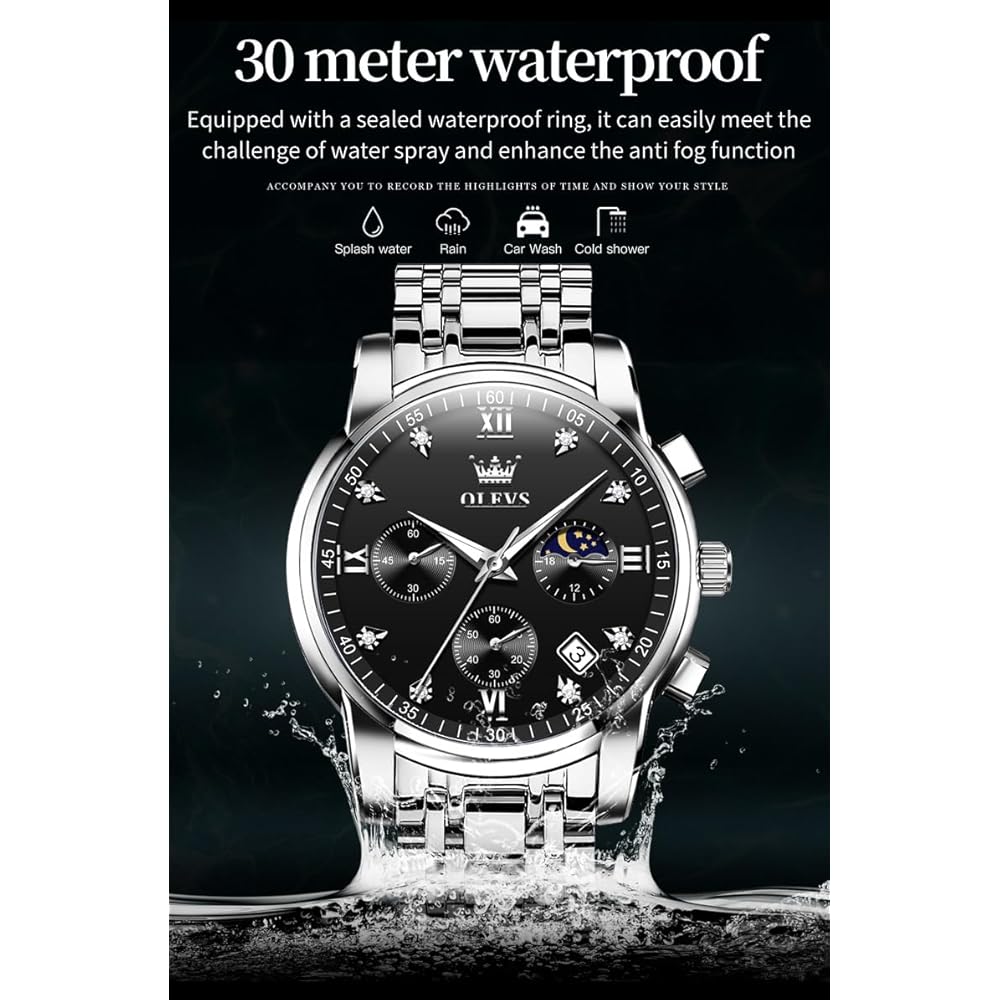 OLEVS Men's Luxury Analog Quartz Watch Silver Black Two-Tone Waterproof Date Display Stainless Steel Casual Timepiece