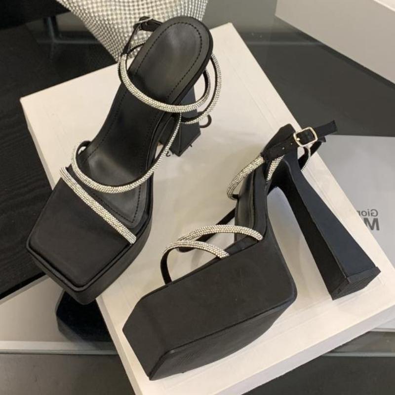 Super High Heel Platform Sandals Women Luxury Rhinestone Narrow Band Plus Size High Heel Sandals Bling Sexy Banquet Dress Shoes