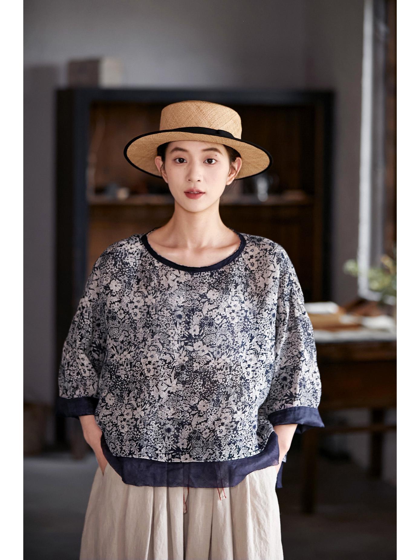 Navy Blue Linen Chinese Style Retro Round Neck Women s Pullover L