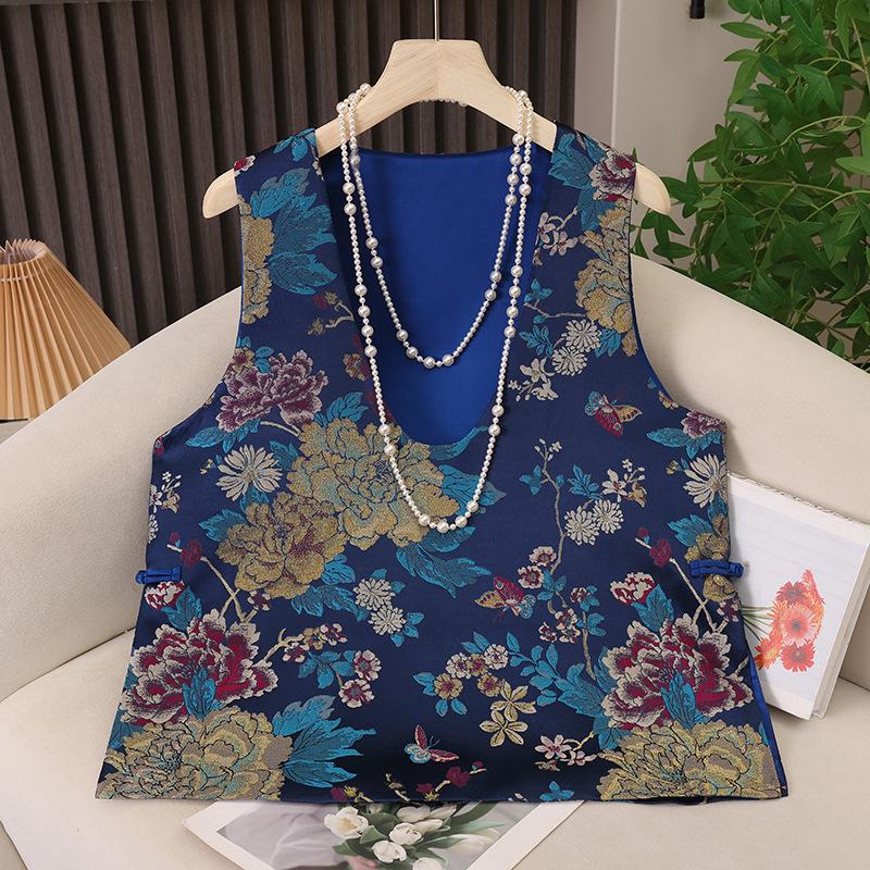

Spring 2026 Chinese Style Peony Song Brocade Layered V-Neck Vest 4XL синий