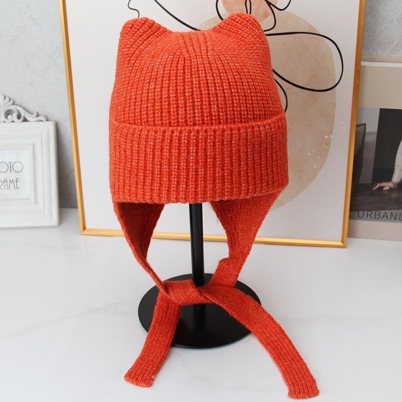 Cute cat ear knitted ear protection hat women's autumn and winter lace-up wool hat soft waxy warm cold hat versatile headhat
