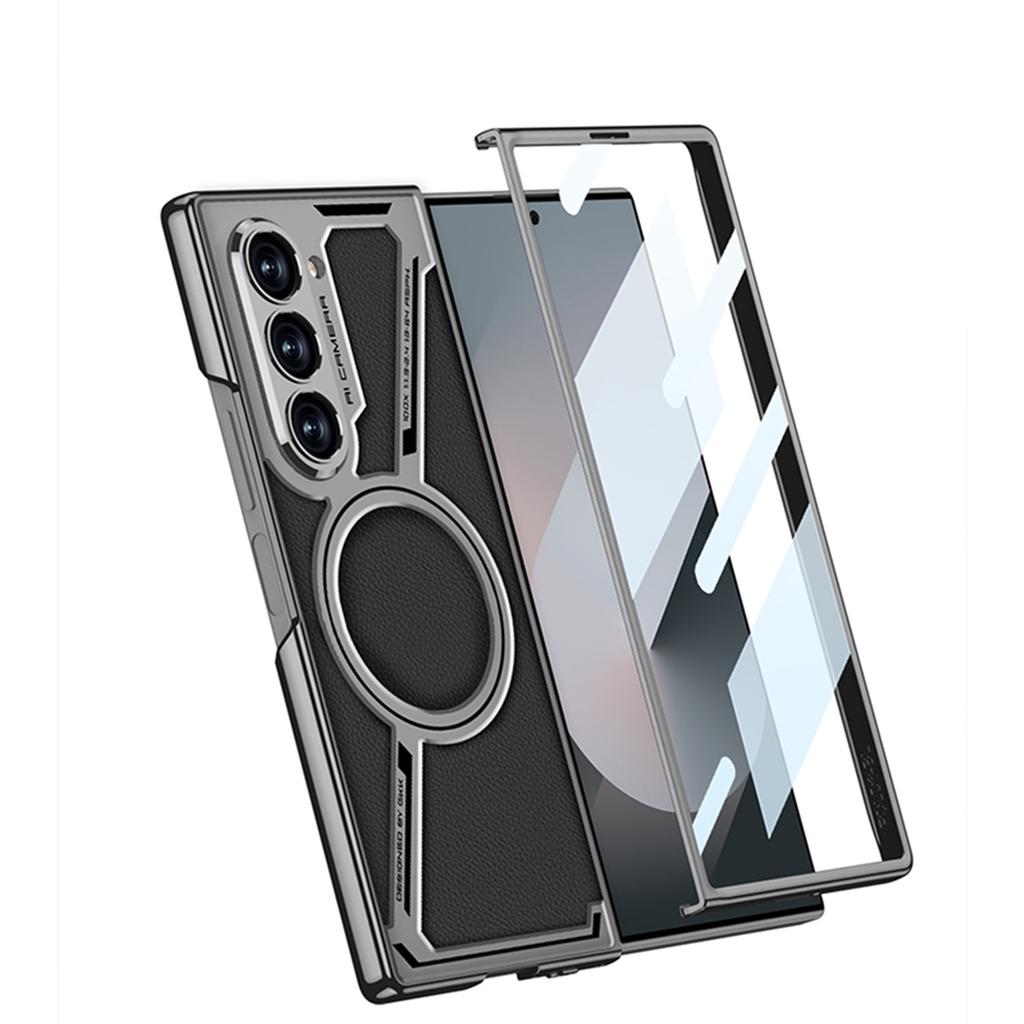 Samsung Fold6 Mobile Phone Case Electroplated Magnetic Wireless Charging Business Model Z Shaped E Sports Plain Leather Protective Case