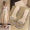 Transparent High Heels Thick Middle Heel Open-toed Slippers Women's Shoes Outer Wear 2025 Summer with Pearl Rhinestone Sandals