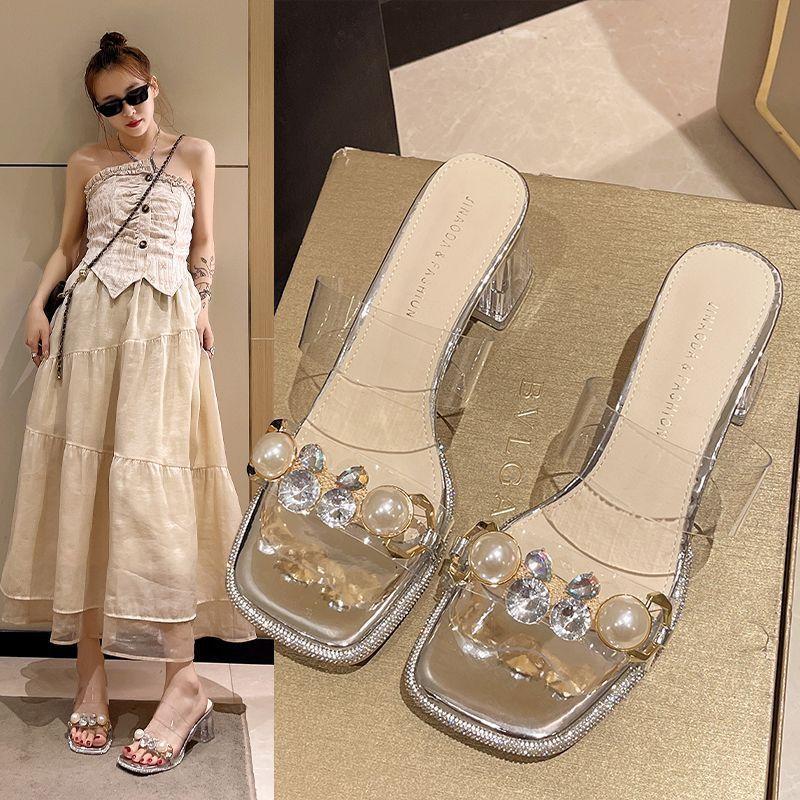 Transparent high heels thick middle heel open-toed slippers women's shoes outer wear 2025 summer with pearl rhinestone sandals