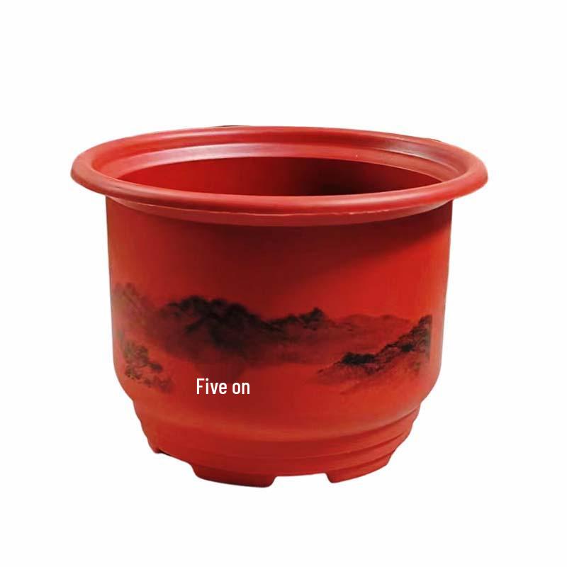 Imitation Ceramic Round Flower Pot, Brick Red Frosted Resin, Realistic Classical Landscape Style
