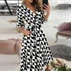 Fashion Women's Casual Lapel Printed Seven-Part Sleeve Dress Long Dress